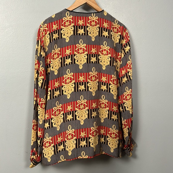 Vintage Fiji Silk Gold Red Navy Long Sleeve Button Down Shirt size XL mandarin - Picture 4 of 16